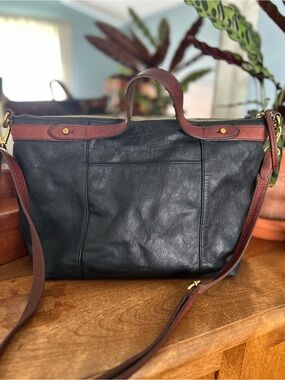 Fossil Satchel Crossbody, Genuine Leather, Black and Cognac Brown, Women’s